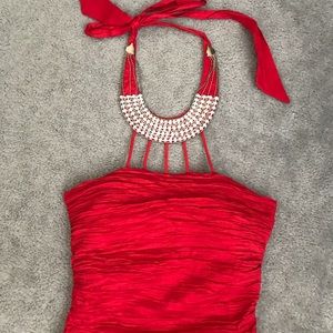 Red Scrunch Halter Rhinestone Formal Body-con Fitted Dress